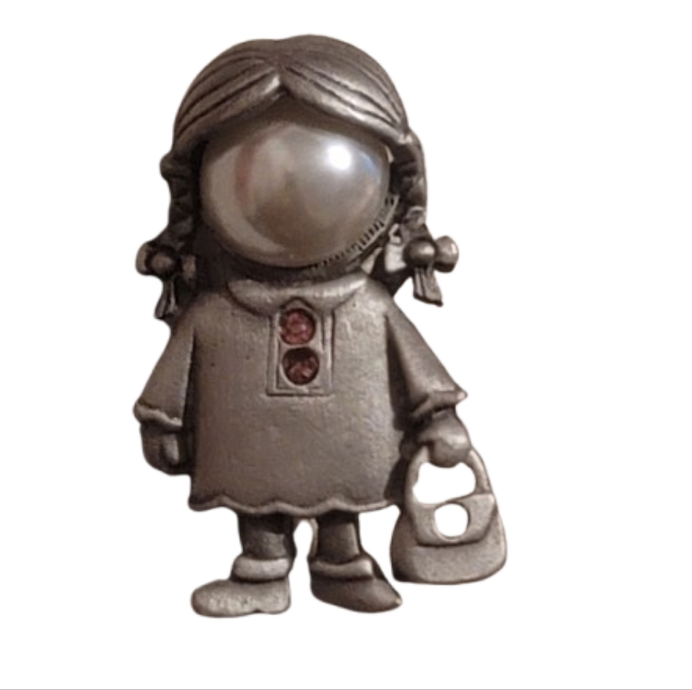 JJ Jonette Girl Brooch Pin Pearl Face Pink Rhinestones Signed Vintage